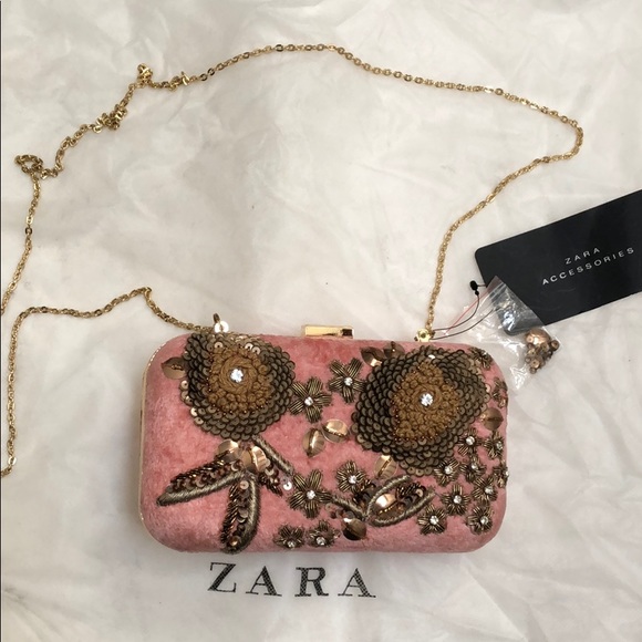 Zara Handbags - Brand New Zara Pink Velvet Embroidered Minaudière